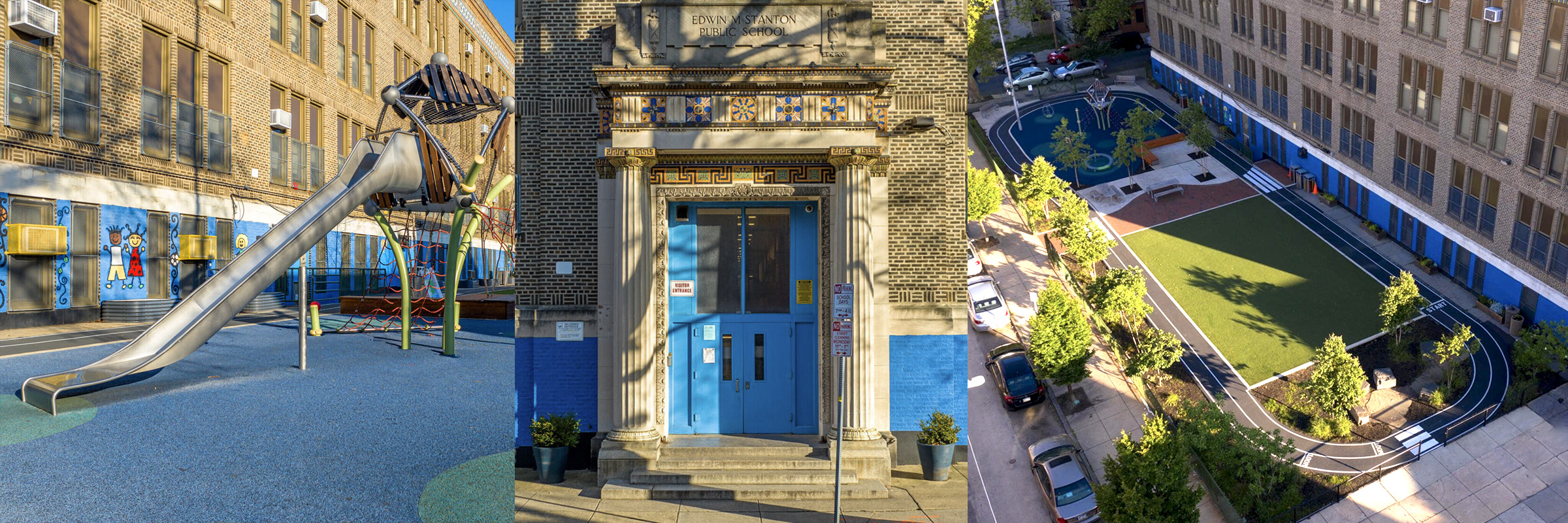 Exterior views of Edwin M. Stanton School featuring the historic school entrance, updated playground, and outdoor learning and recreation spaces.